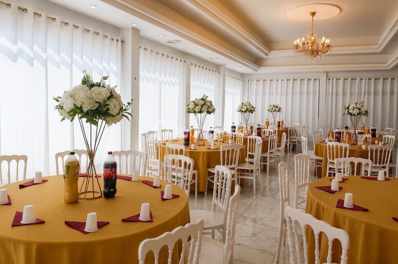 Salle de réception lumineuse avec tables rondes dressées, nappes jaunes, chaises blanches et décorations florales.