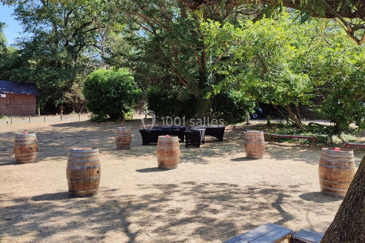 Barriques en bois disposées en cercle sur un terrain herbeux sous des arbres, avec une table noire en arrière-plan.