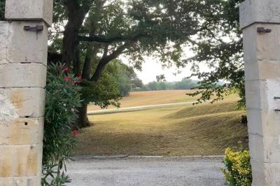 Salle rustique avec murs en pierre, poutres apparentes, table dressée, chaises en bois et coin salon avec canapé.