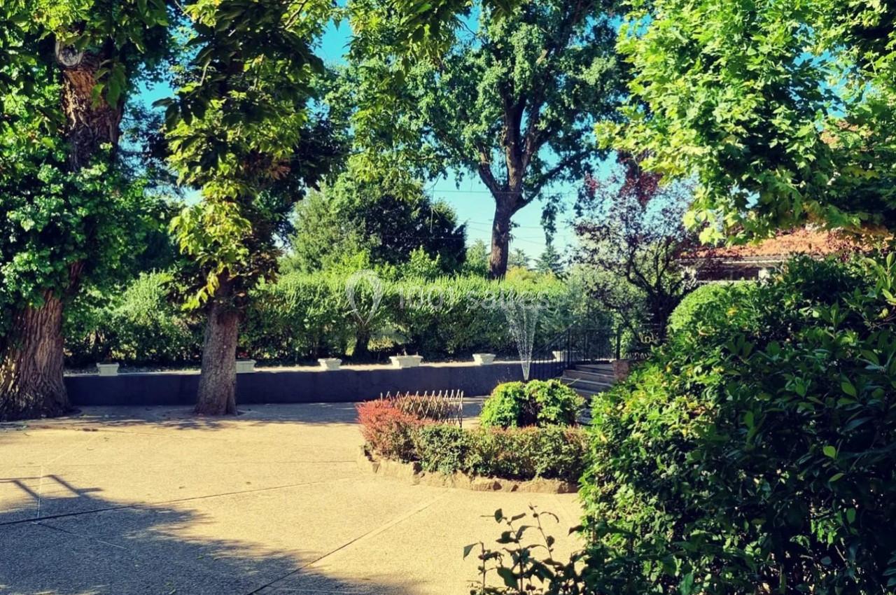 Cour ensoleillée avec arbres, arbustes et une petite fontaine au centre, entourée de verdure.