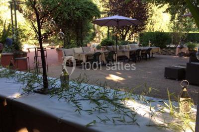Vue aérienne d'une zone rurale avec des arbres, un cours d'eau sinueux et des bâtiments aux toits rouges.