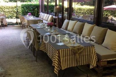Vue aérienne d'une zone rurale avec des arbres, un cours d'eau sinueux et des bâtiments aux toits rouges.