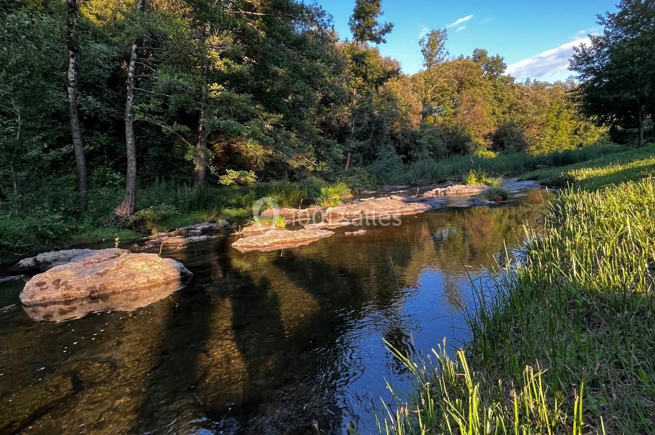 Rivière calme bordée d'herbes et d'arbres sous un ciel bleu dégagé en fin de journée.
