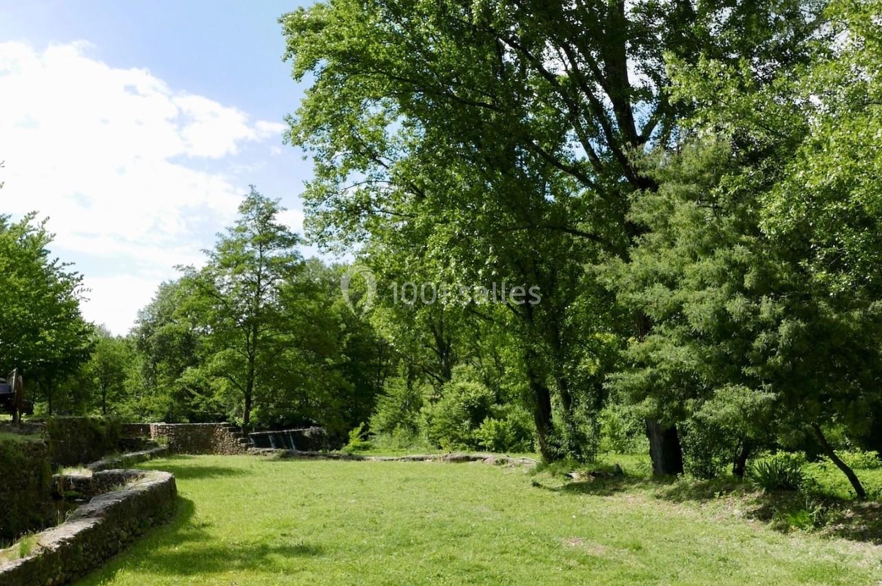 Une clairière verdoyante bordée d'arbres sous un ciel partiellement nuageux.