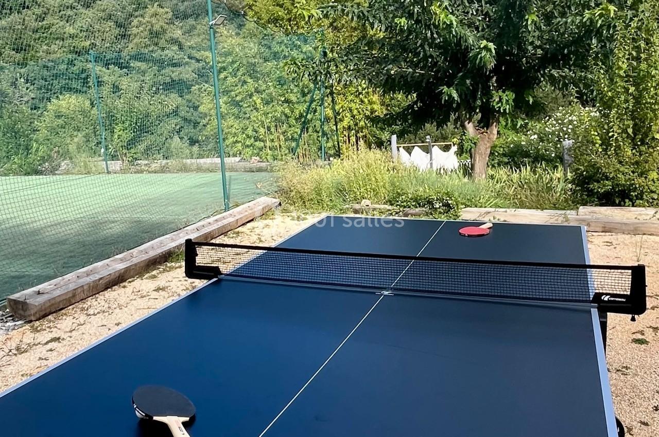 Table de ping-pong en extérieur, avec deux raquettes posées, entourée de végétation et d'un terrain de sport.