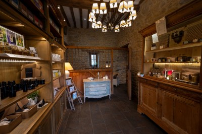 Chambre chaleureuse avec lits, canapé, fauteuils en osier, table basse et éclairage tamisé, décor rustique.