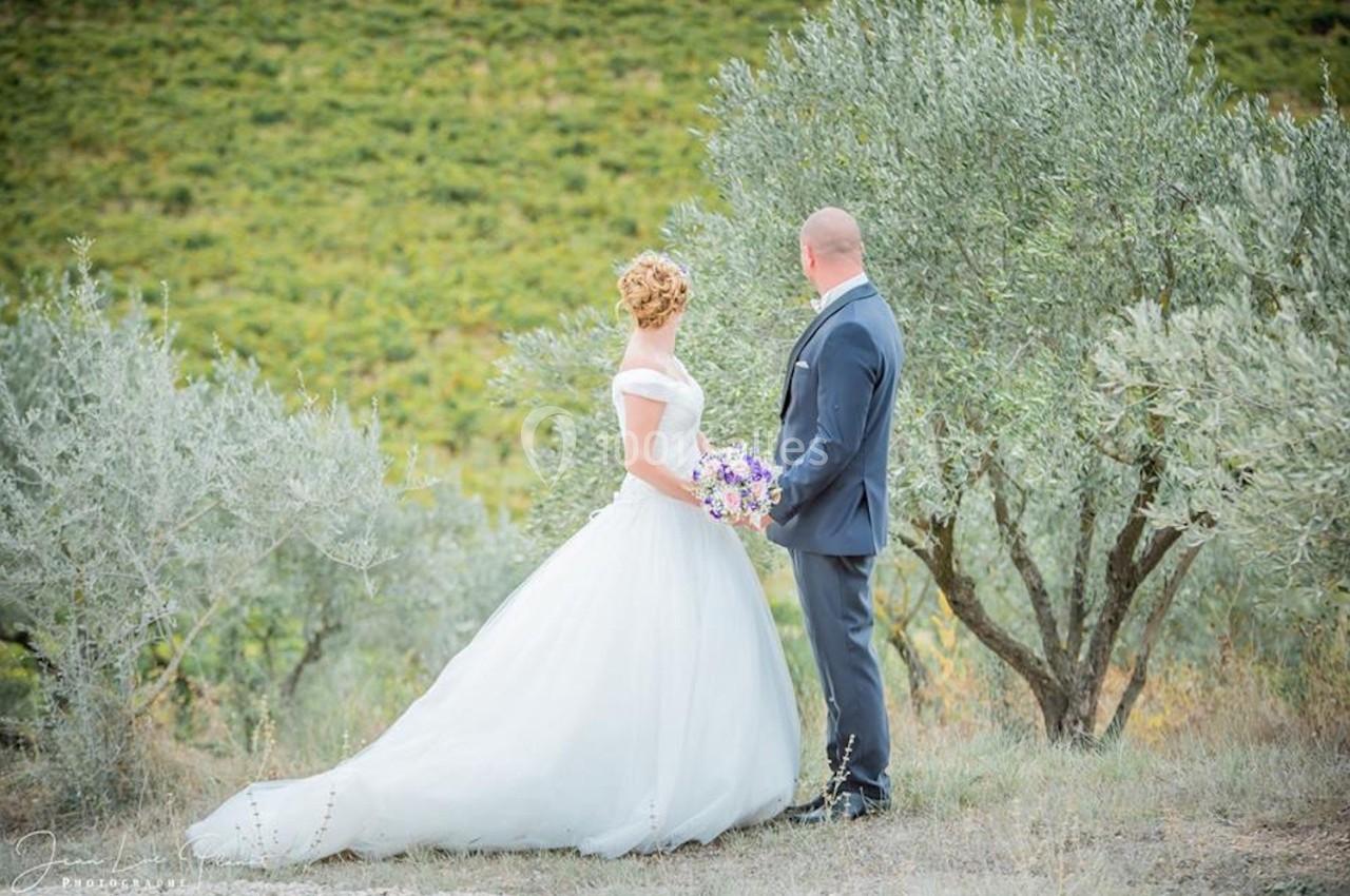 Un couple de mariés debout dans un paysage champêtre, entouré d'oliviers et de verdure.