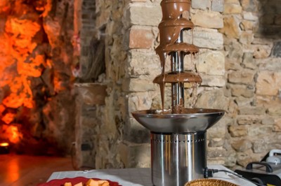 Fontaine à chocolat entourée de bols contenant des morceaux de fruits et des guimauves, disposés sur une table.