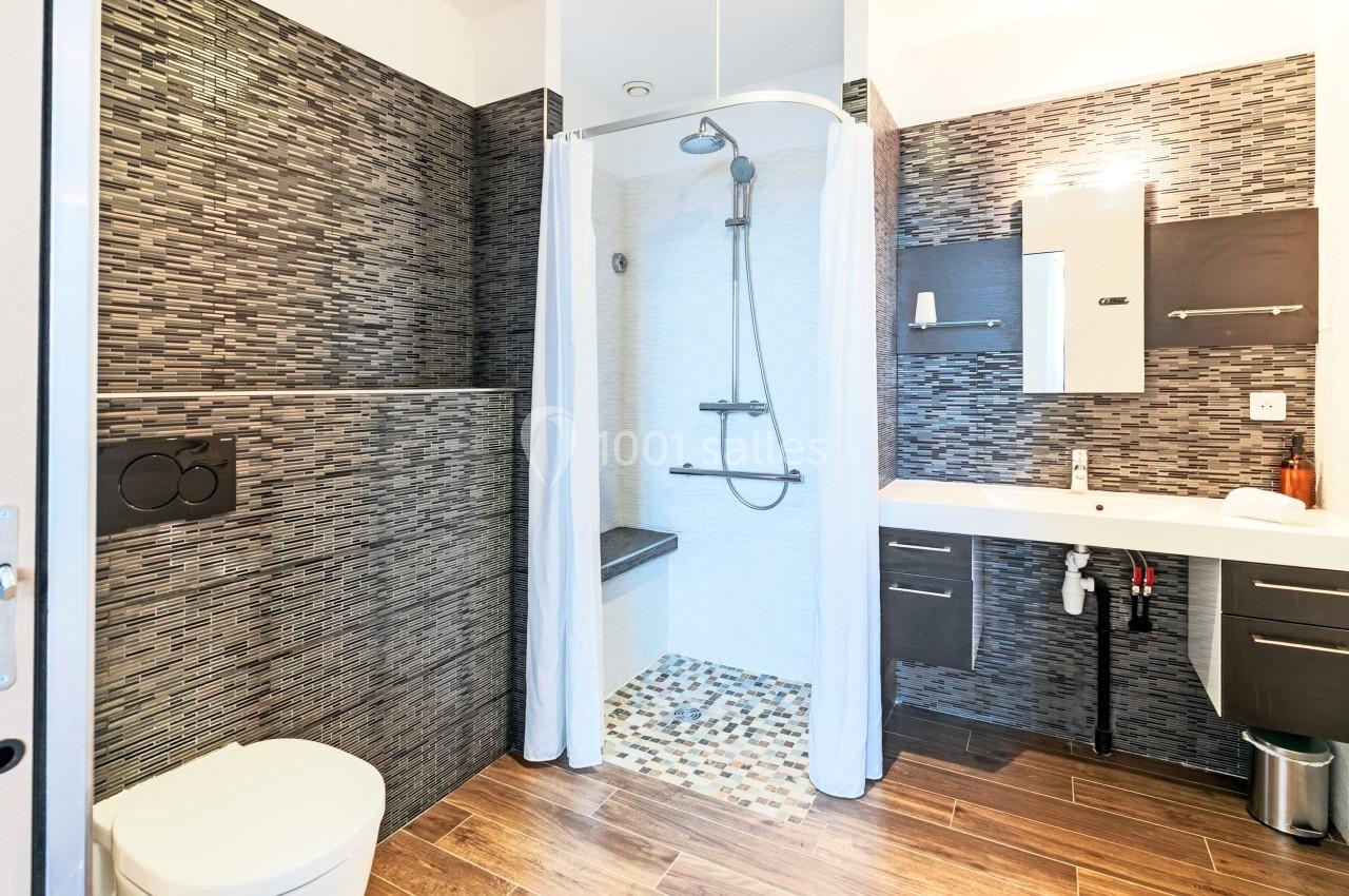 Salle de bain moderne avec douche à l'italienne, carrelage sombre, lavabo avec miroir et toilettes.