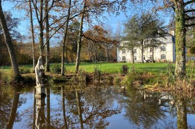 Vue aérienne d'un terrain de tennis rouge entouré de forêt, avec une petite mare et des prairies avoisinantes.