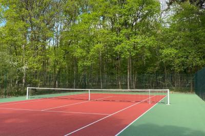 Vue aérienne d'un terrain de tennis rouge entouré de forêt, avec une petite mare et des prairies avoisinantes.