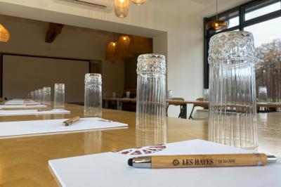 Vue aérienne d'un terrain de tennis rouge entouré de forêt, avec une petite mare et des prairies avoisinantes.