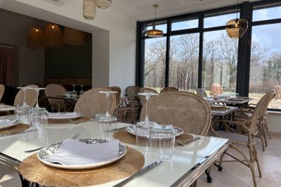 Vue aérienne d'un terrain de tennis rouge entouré de forêt, avec une petite mare et des prairies avoisinantes.