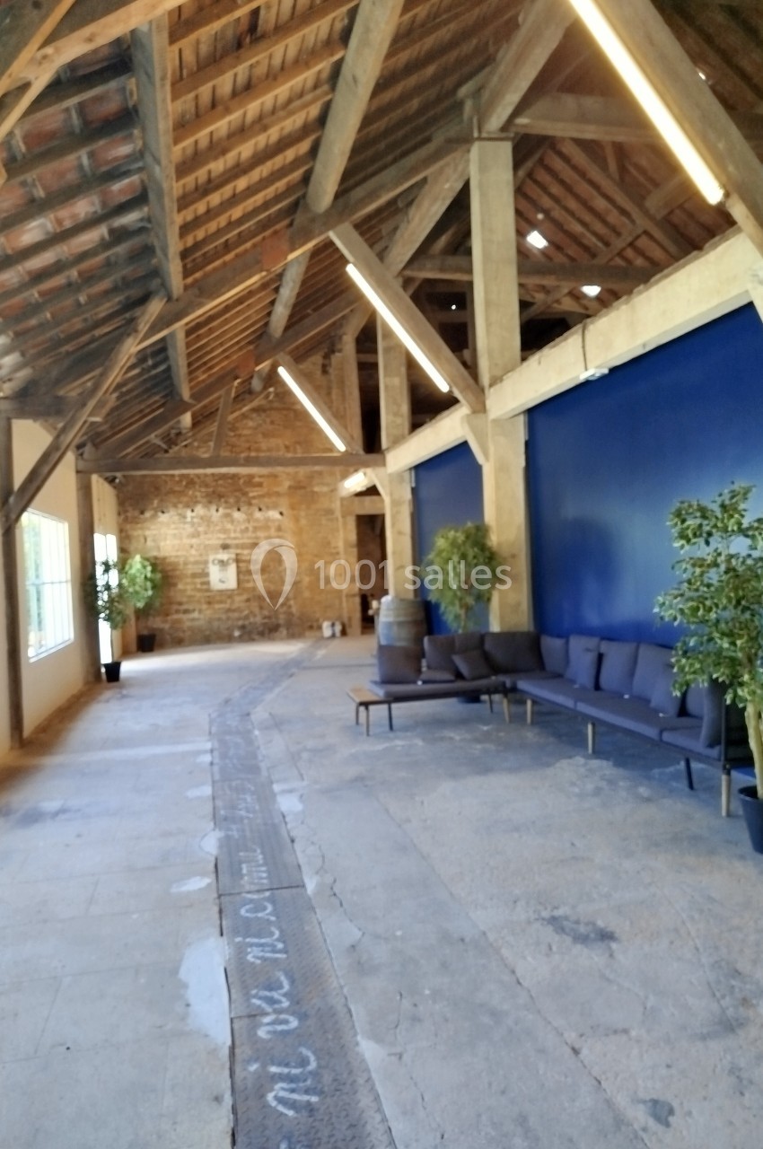 Intérieur d'une grande salle avec poutres apparentes, murs en pierre, canapé, plantes et mur bleu.