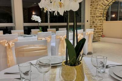 Petit jardin avec une table et des chaises roses, entouré de plantes et d'un puits en pierre devant des maisons.