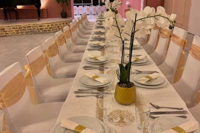 Petit jardin avec une table et des chaises roses, entouré de plantes et d'un puits en pierre devant des maisons.