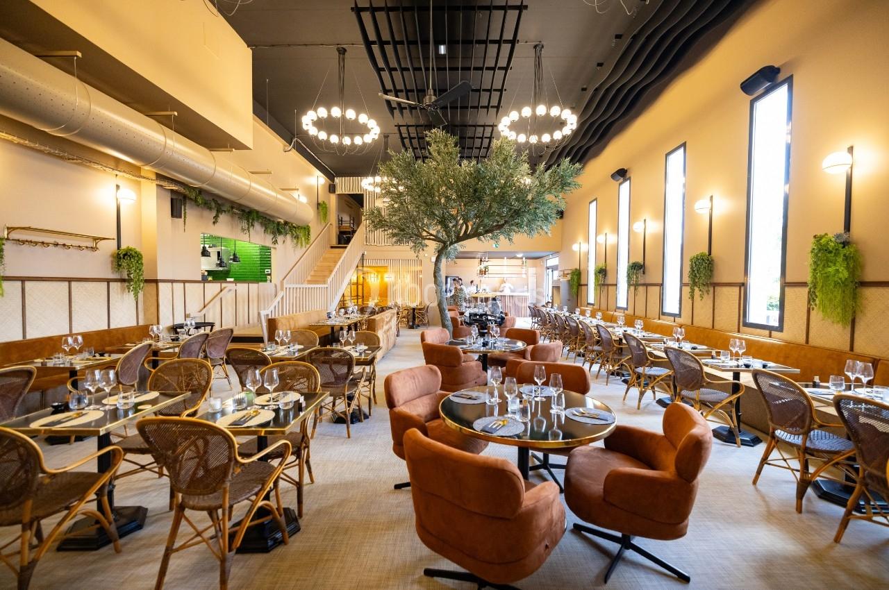 Salle de restaurant lumineuse avec tables dressées, chaises en rotin et fauteuils, décorée d'un grand arbre central.
