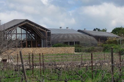 Salle de réunion lumineuse avec tables en U, chaises en bois, tonneau décoratif et étagères murales garnies de bouteilles.