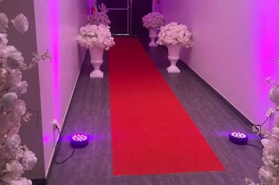 Macaron rouge garni de crème, framboise et groseilles, présenté sur une assiette blanche avec une cuillère dorée.