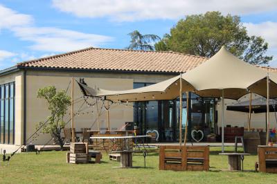 Vignes verdoyantes avec des piquets en bois au premier plan, paysage vallonné et ciel dégagé en arrière-plan.