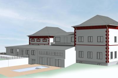 Miniature Location salle Épinac (Saône-et-Loire) - La Fabrique des Ducs By Vindihouses #24 Vue aérienne d'un grand bâtiment avec toit en ardoise, entouré d'arbres, d'une piscine et d'une allée pavée.