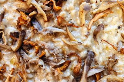 Une personne coupe un oignon sur une planche en bois, entourée de légumes frais et d'herbes aromatiques.