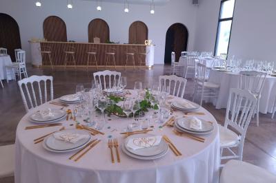 Miniature Location salle Villenauxe-la-Grande (Aube) - Champagne Oudard François #3 Intérieur d'un bar ou restaurant avec des tables hautes, des bouteilles de vin exposées et une ambiance chaleureuse.