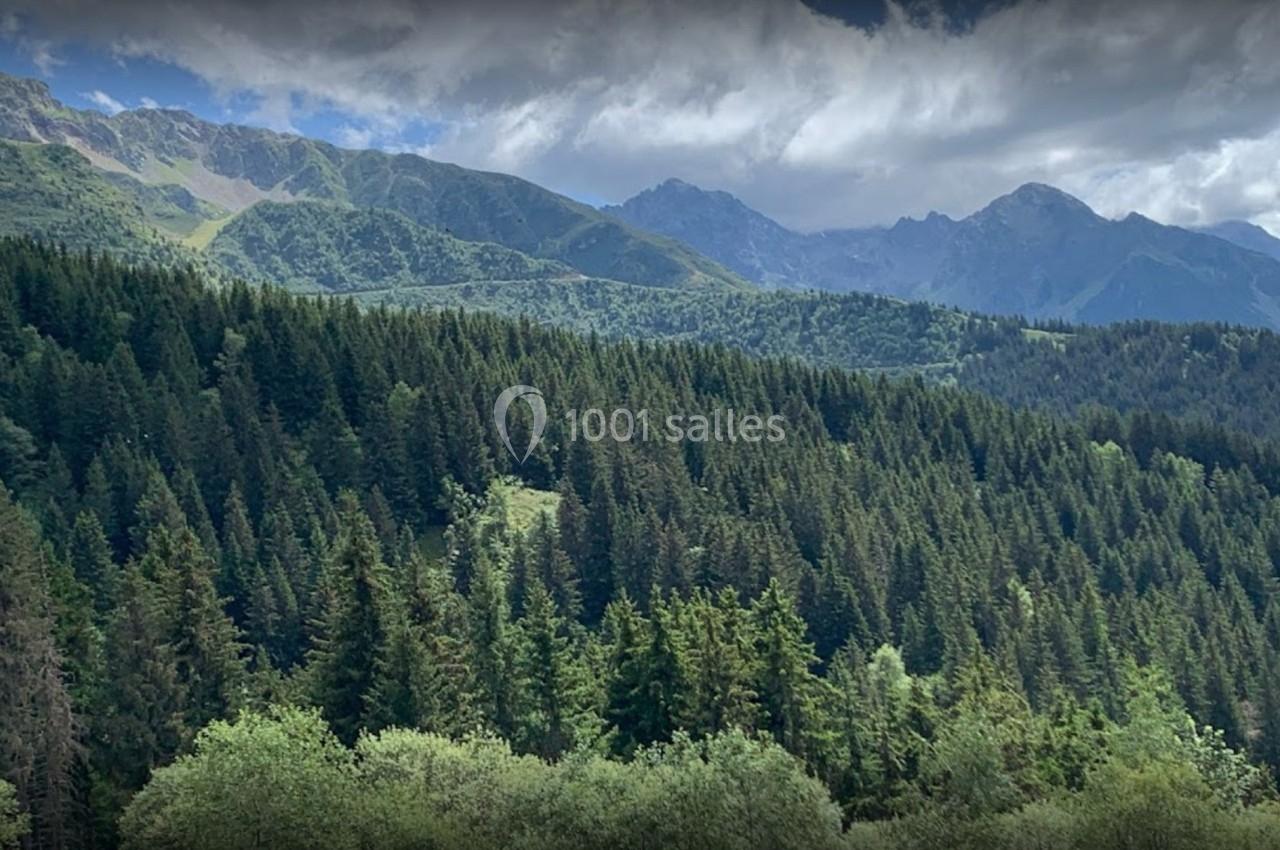 Vue d'une forêt dense avec des montagnes verdoyantes et un ciel partiellement nuageux en arrière-plan.