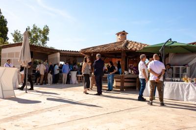 Terrasse couverte en bois avec mobilier d'extérieur blanc, donnant sur un jardin arboré et une allée gravillonnée.