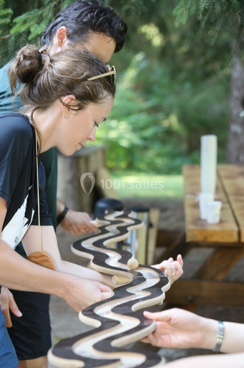 Location salle Crozets (Jura) - Domaine Le Coupet #19 Deux personnes manipulent un jeu en bois ondulé en extérieur, concentrées sur le déplacement d'une bille.