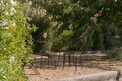 Table dressée en extérieur avec boissons fraîches, carafes d'eau infusée, bouteilles et verres sur une nappe blanche.