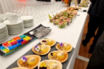 Miniature Traiteur Grigny (Essonne) - LCG Traiteur #2 Plat dressé avec une base de viande effilochée, purée de pommes de terre, feuilles de salade et sauce en décoration.