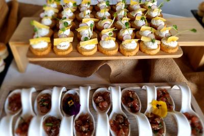 Miniature Traiteur Grigny (Essonne) - LCG Traiteur #11 Plat dressé avec une base de viande effilochée, purée de pommes de terre, feuilles de salade et sauce en décoration.