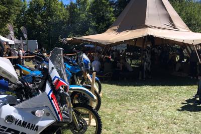 Fête nocturne en plein air avec un bar central, des invités debout et des lumières colorées sous une tente éclairée.