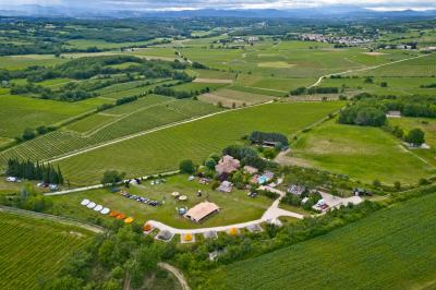 Chevaux bruns et blanc dans un pré sous un ciel partiellement nuageux, avec des tentes en arrière-plan.