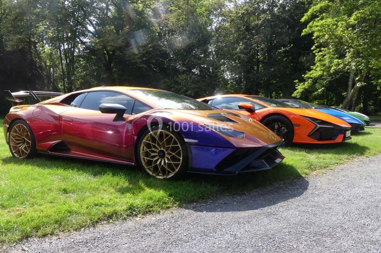 Trois voitures de sport colorées garées sur une pelouse, entourées d'arbres en arrière-plan.