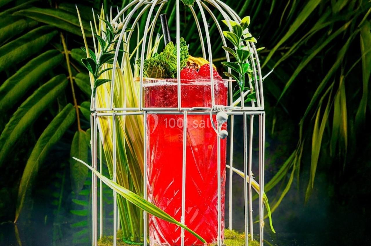 Verre de cocktail rouge décoré, placé dans une cage métallique entourée de feuilles et de mousse verte.