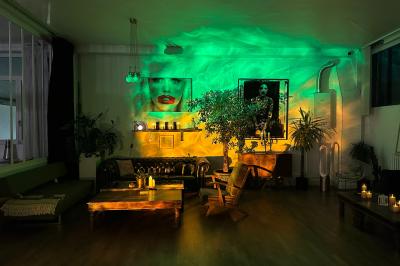 Salle lumineuse avec parquet, canapés sombres, plantes, décorations murales et grandes fenêtres laissant entrer la lumière.