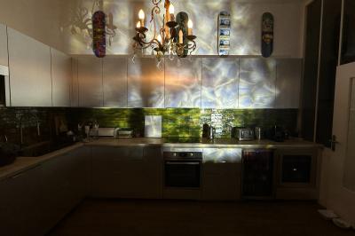 Salle lumineuse avec parquet, canapés sombres, plantes, décorations murales et grandes fenêtres laissant entrer la lumière.