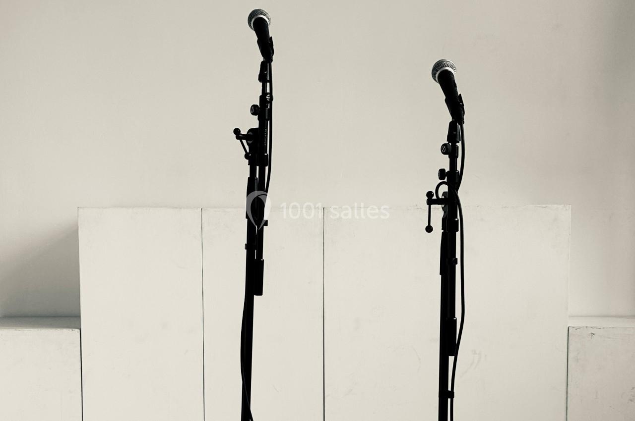 Deux micros sur pied noirs alignés devant un fond blanc minimaliste.