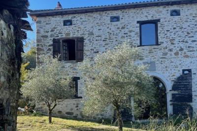 Salle de bain avec deux lavabos sur pied, une douche vitrée et des murs en pierre apparente.
