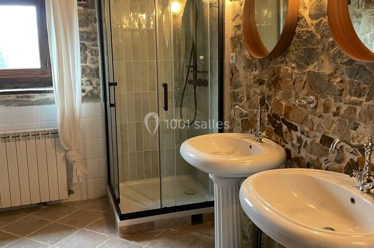 Salle de bain avec deux lavabos sur pied, une douche vitrée et des murs en pierre apparente.