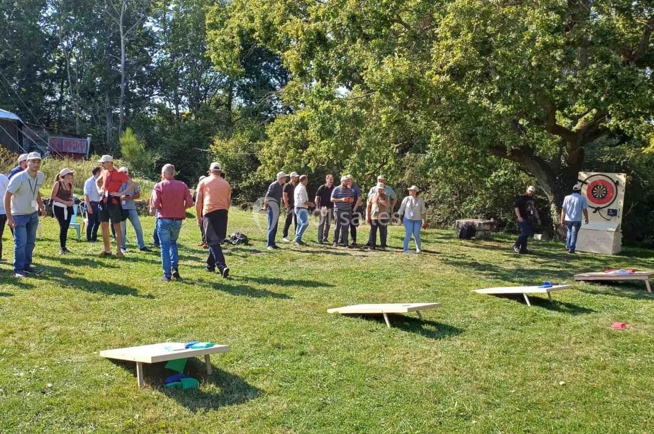 Des personnes participent à des activités de plein air sur une pelouse, avec des cibles et des jeux installés.