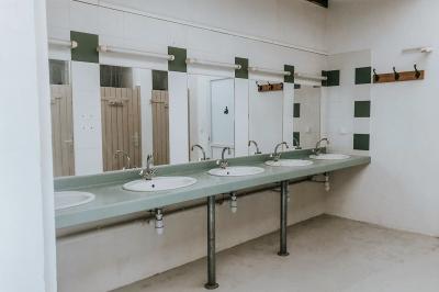 Rangée de lavabos avec miroirs dans une salle de bain aux murs blancs et carrelage vert et blanc.