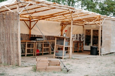Deux personnes pratiquent le yoga en plein air sur des tapis, entourées de végétation.