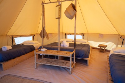 Deux personnes pratiquent le yoga en plein air sur des tapis, entourées de végétation.