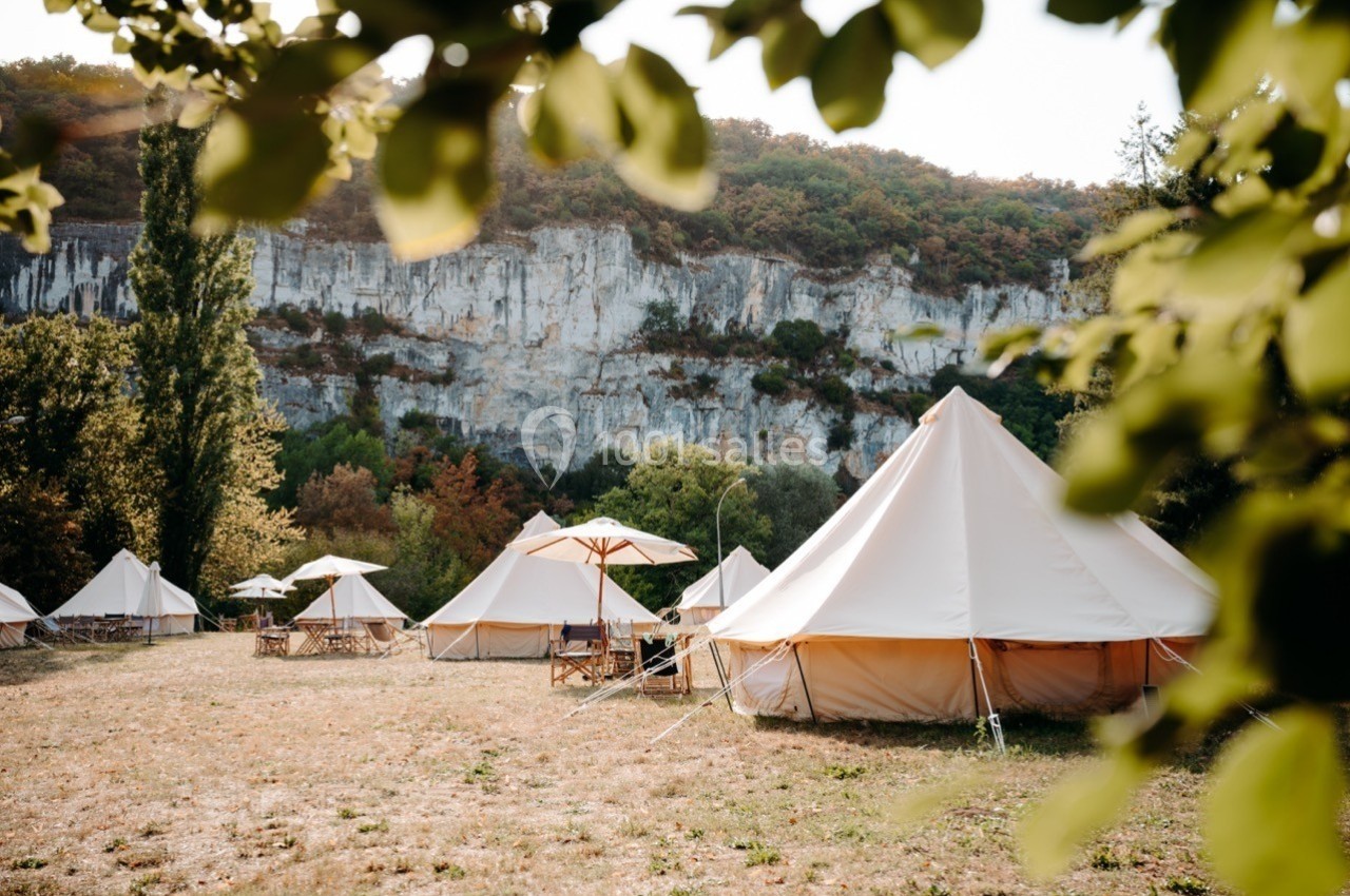 Tentes blanches installées dans un champ herbeux, entourées d'arbres et de falaises en arrière-plan.