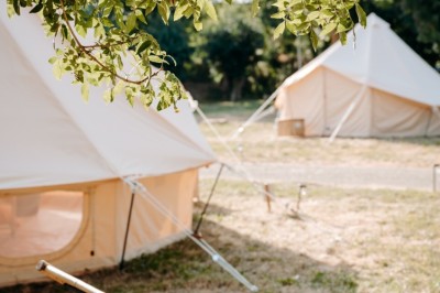 Miniature Location salle Sainte-Gemmes-sur-Loire (Maine-et-Loire) - Lodg’ing Nature Camp Anjou #17 Petit-déjeuner avec croissants, baguettes, confitures, jus d'orange et café sur une table en bois.