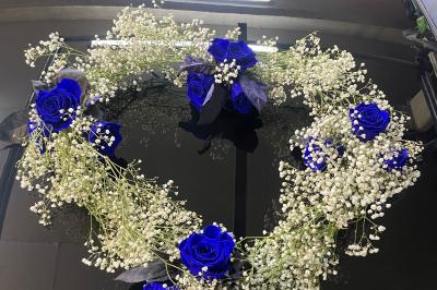 Jeune femme portant une couronne de fleurs blanches, vêtue de dentelle blanche, dans un jardin verdoyant.