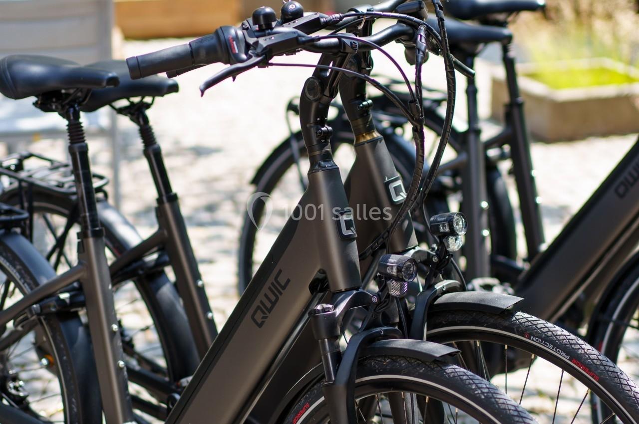 Trois vélos électriques noirs stationnés sur un sol pavé, avec un jardin fleuri en arrière-plan.